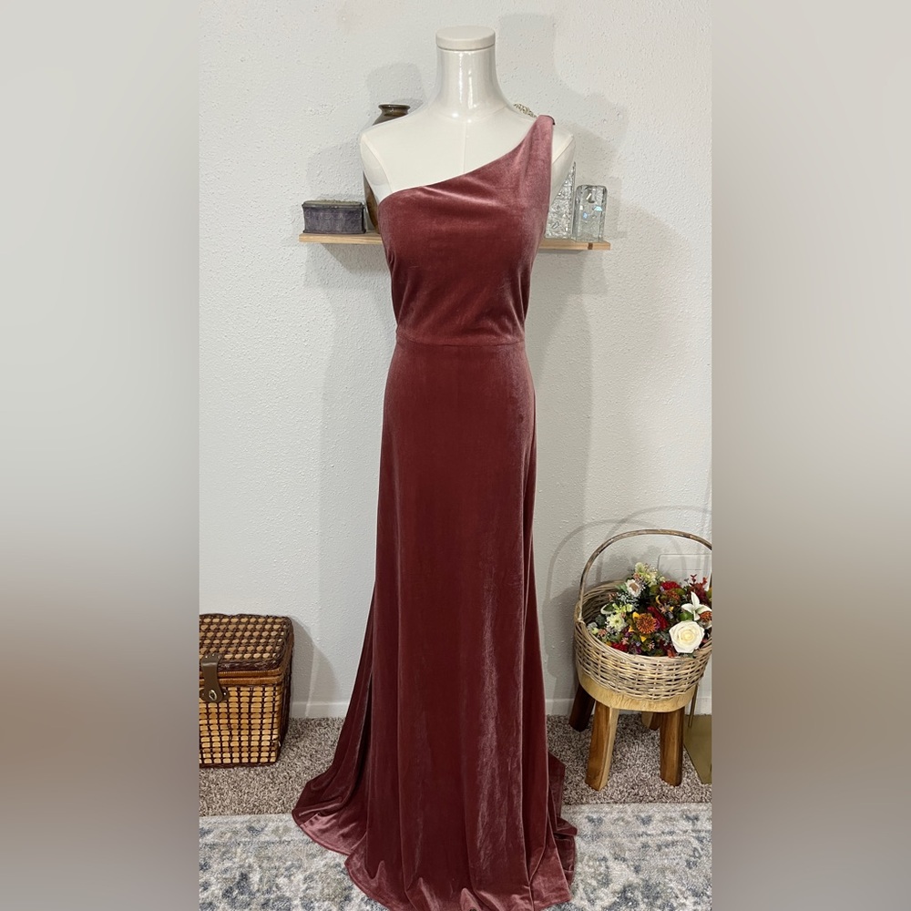 Cybill by Jenny Yoo in Cinnamon Rose Stretch Velvet | Elegant One-Shoulder Gown